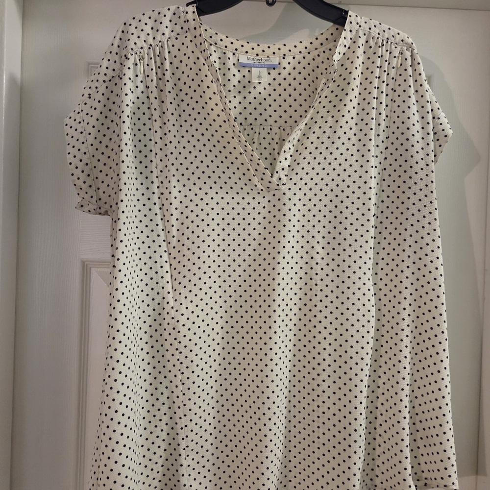 Motherhood Maternity Cream and Black Polka Dot Blouse
